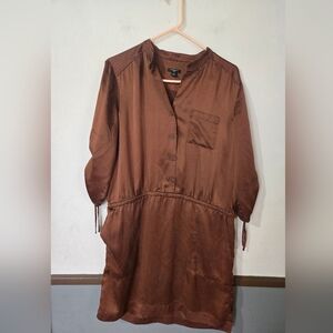 Ann Taylor 100% Silk Shirt Dress Brown Women's Size 8 With 3/4 Cinched Sleeves